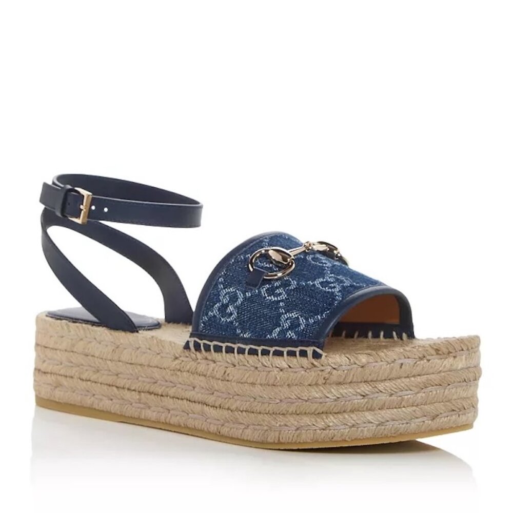 Gucci Paloma Horsebit GG Platform Espadrille Wedge Heel Ankle Strap Sandals